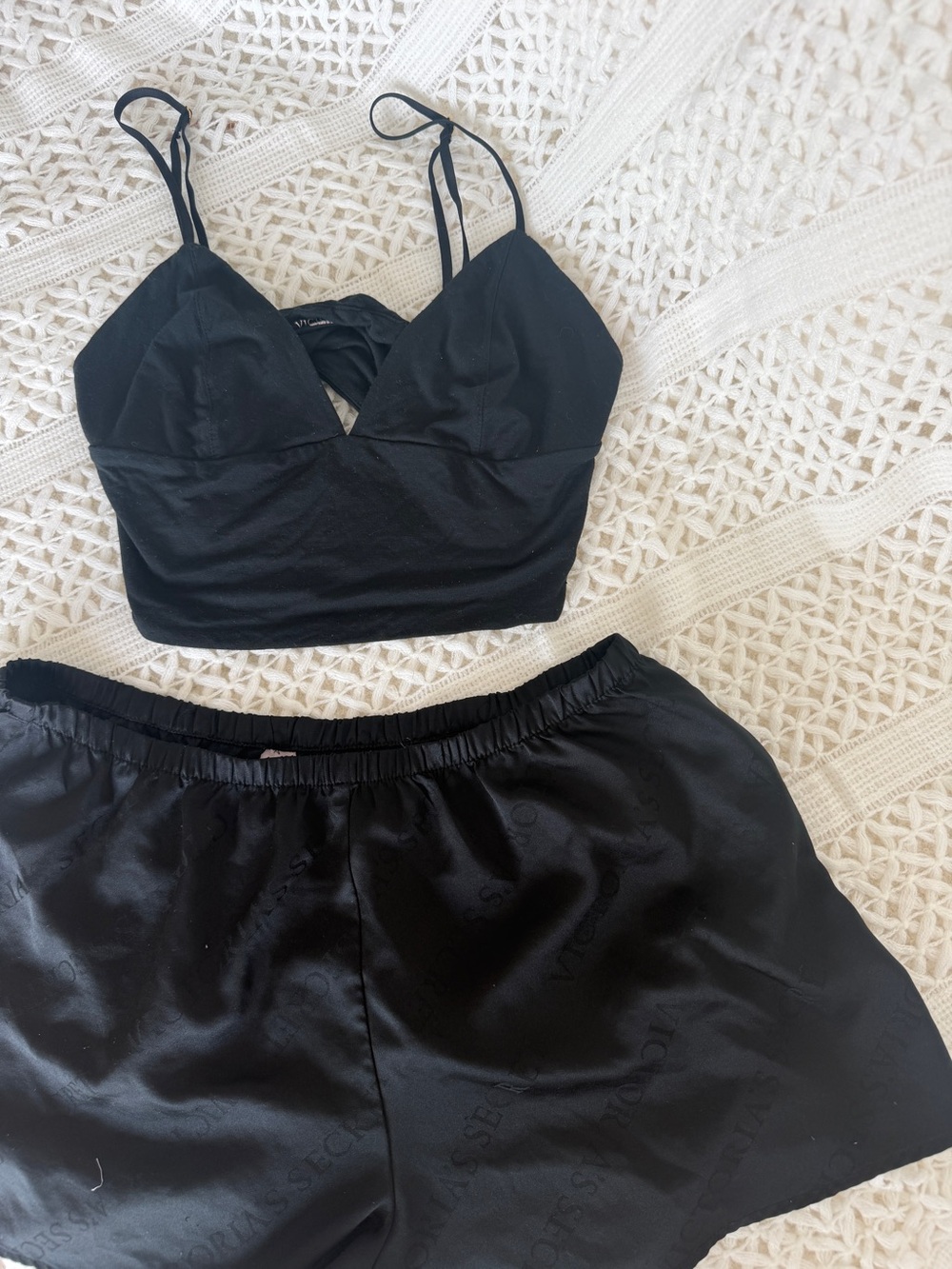 Victoria's Secret Black Satin Bralette and Shorts Set